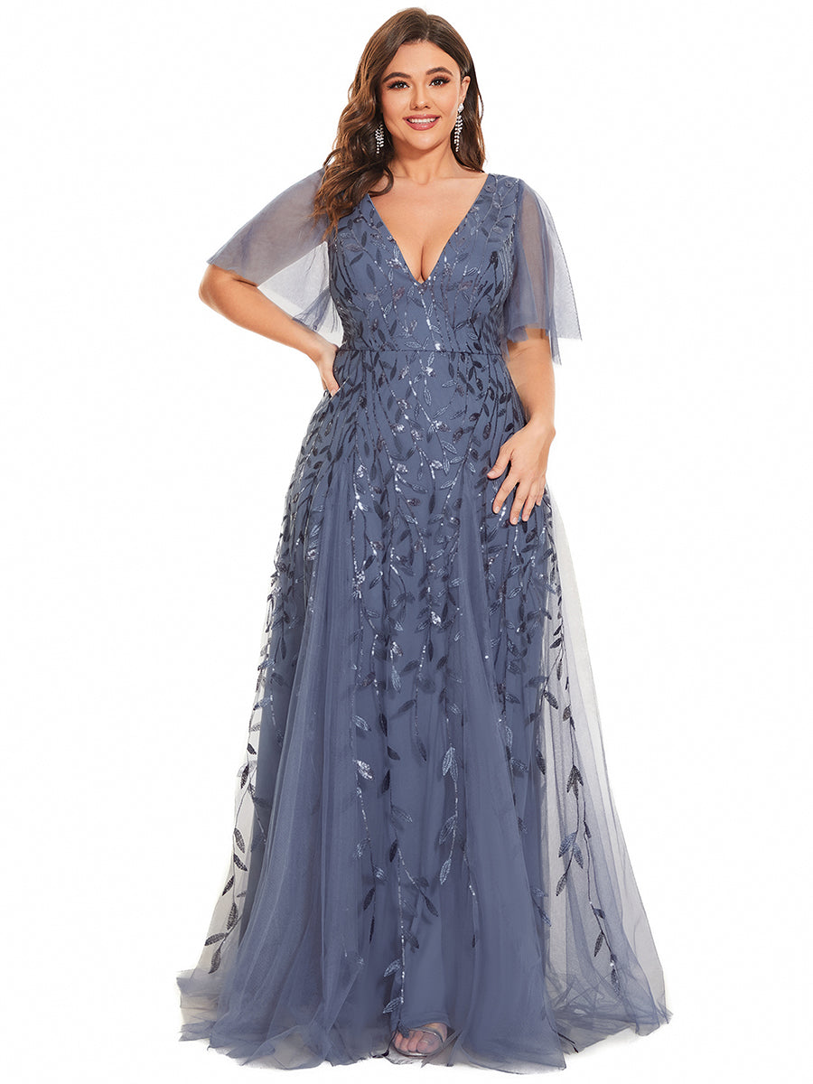 Bodenlanger V-Ausschnitt A-Linie Pailletten Kleid Mit Tiefem V-Ausschnitt Und Funkelnden Details #Farbe_Taubenblau