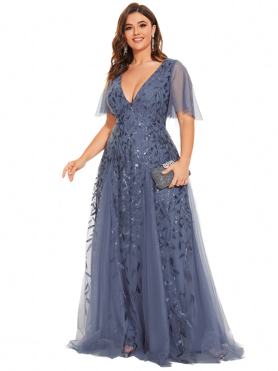 Bodenlanger V-Ausschnitt A-Linie Pailletten Kleid Mit Tiefem V-Ausschnitt Und Funkelnden Details #Farbe_Taubenblau