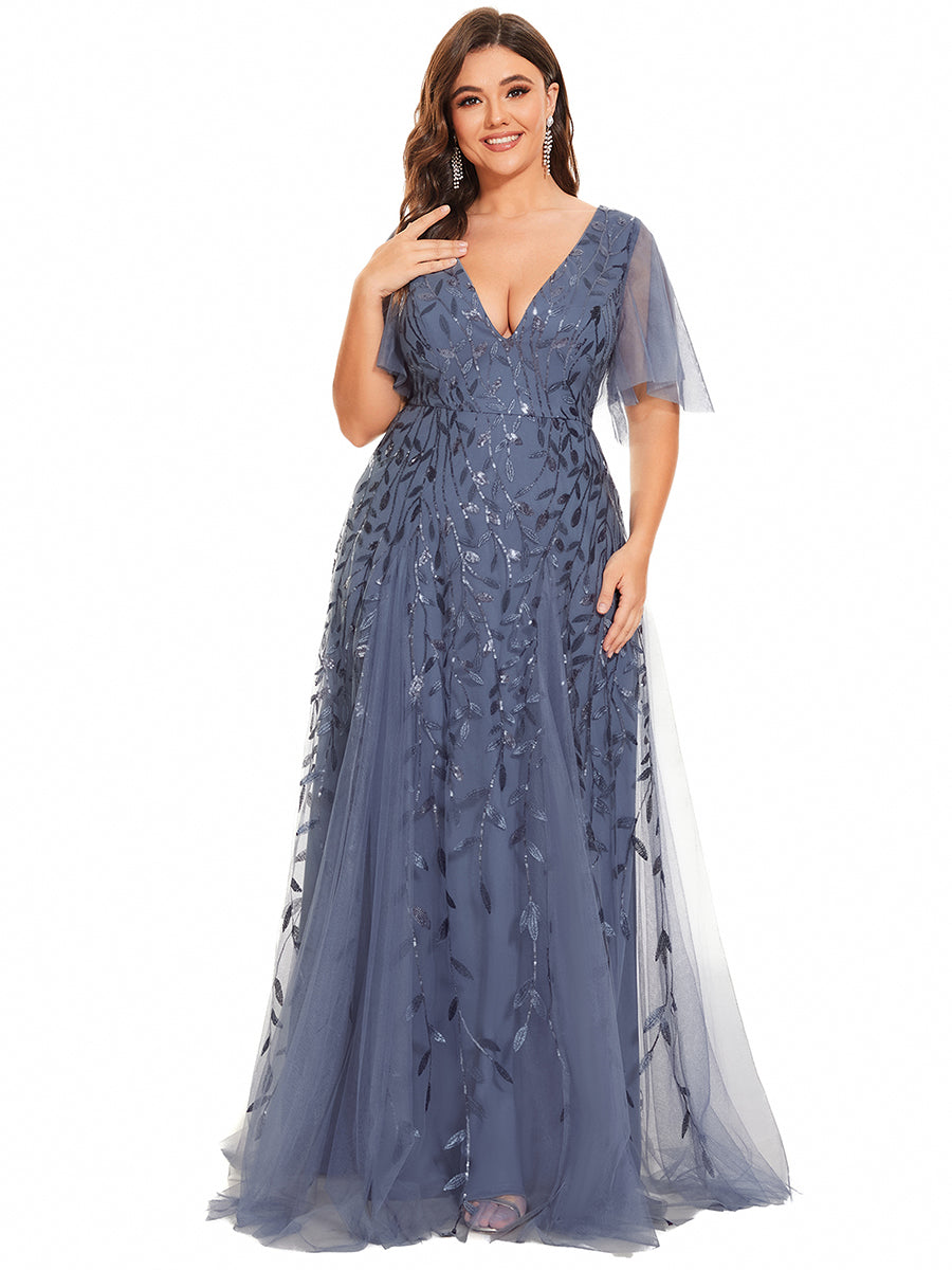 Bodenlanger V-Ausschnitt A-Linie Pailletten Kleid Mit Tiefem V-Ausschnitt Und Funkelnden Details #Farbe_Taubenblau