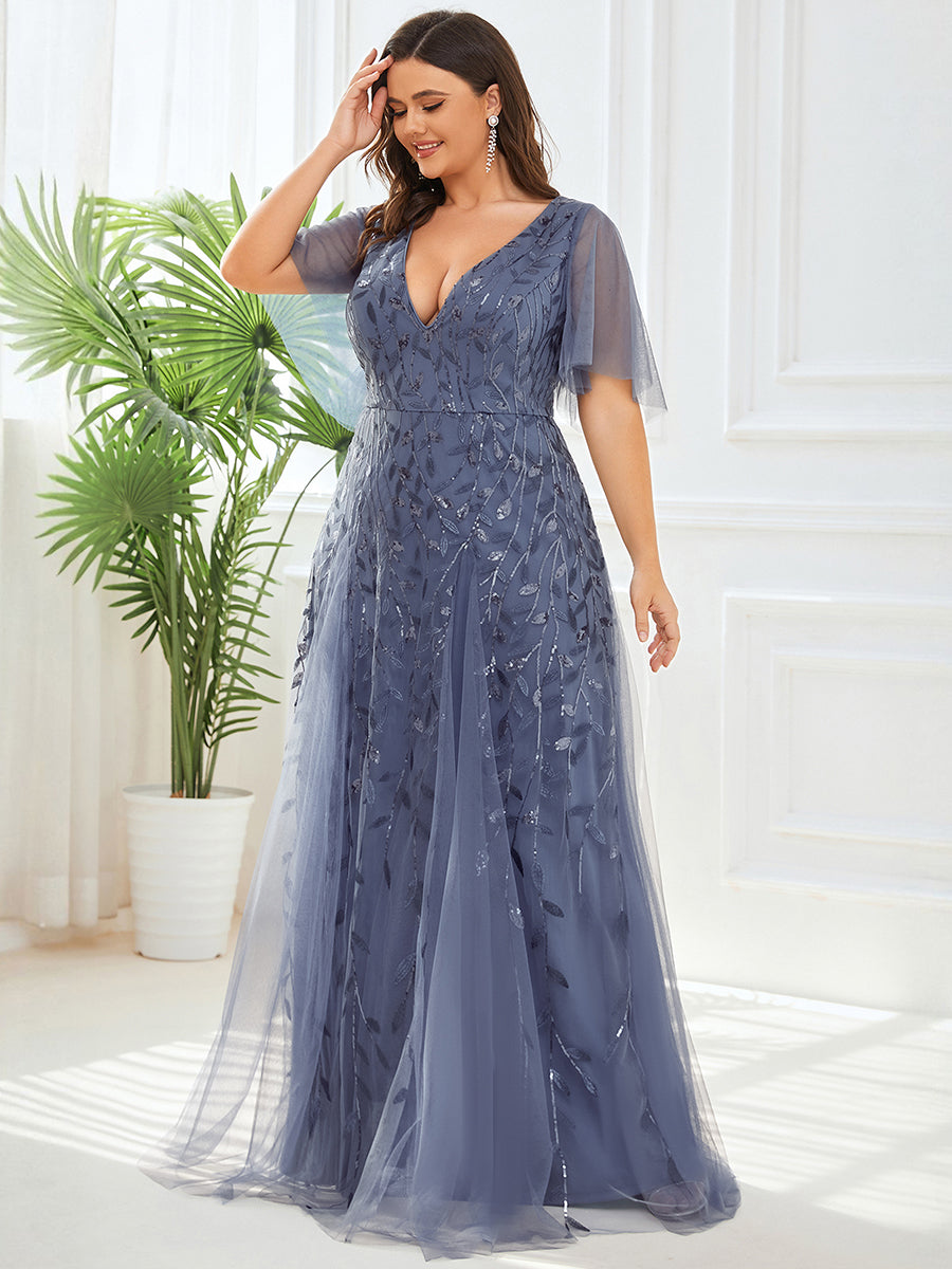 Bodenlanger V-Ausschnitt A-Linie Pailletten Kleid Mit Tiefem V-Ausschnitt Und Funkelnden Details #Farbe_Taubenblau