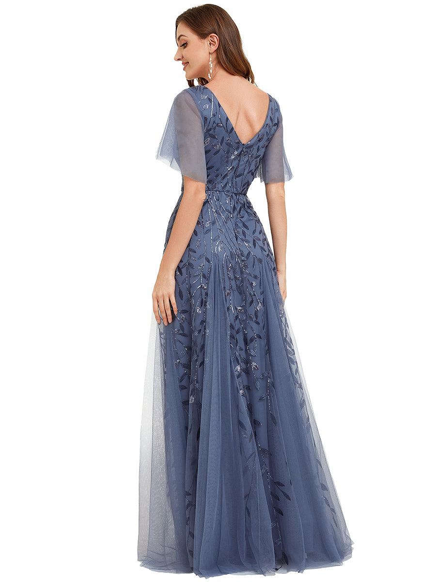 Bodenlanger V-Ausschnitt A-Linie Pailletten Kleid Mit Tiefem V-Ausschnitt Und Funkelnden Details #Farbe_Taubenblau