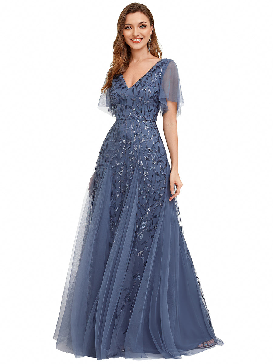 Bodenlanger V-Ausschnitt A-Linie Pailletten Kleid Mit Tiefem V-Ausschnitt Und Funkelnden Details #Farbe_Taubenblau