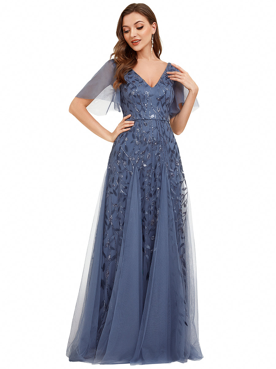 Bodenlanger V-Ausschnitt A-Linie Pailletten Kleid Mit Tiefem V-Ausschnitt Und Funkelnden Details #Farbe_Taubenblau