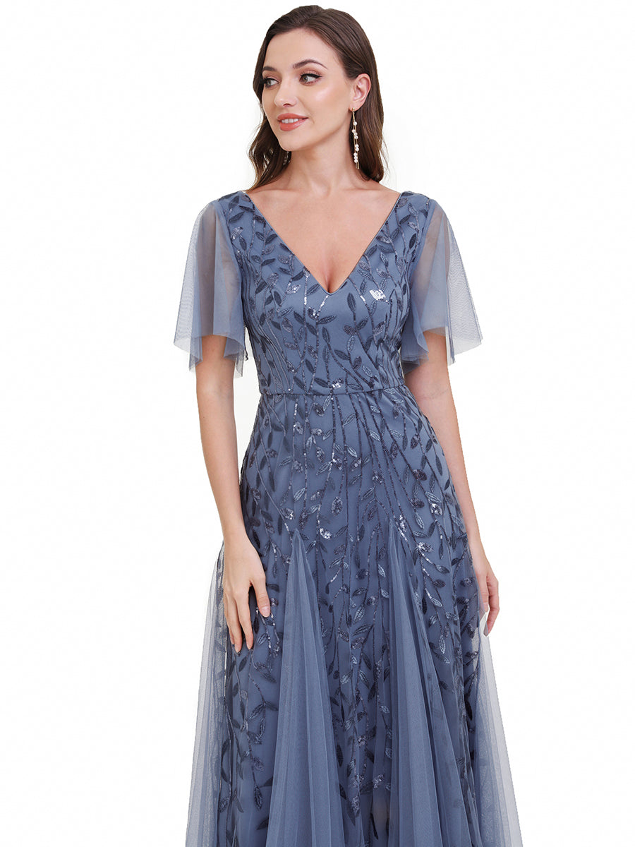 Bodenlanger V-Ausschnitt A-Linie Pailletten Kleid Mit Tiefem V-Ausschnitt Und Funkelnden Details #Farbe_Taubenblau