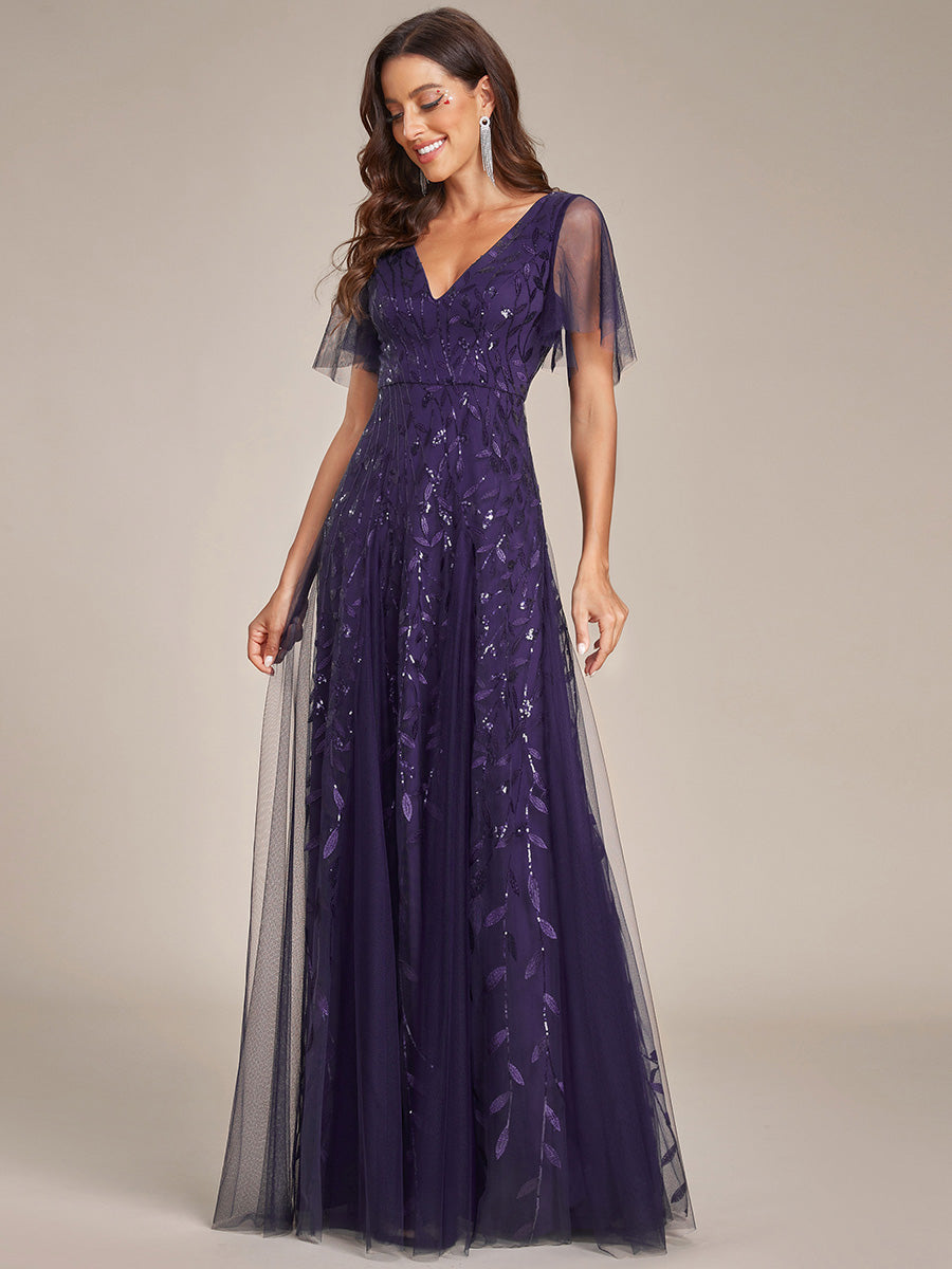 Bodenlanger V-Ausschnitt A-Linie Pailletten Kleid Mit Tiefem V-Ausschnitt Und Funkelnden Details #Farbe_Dunkelviolett