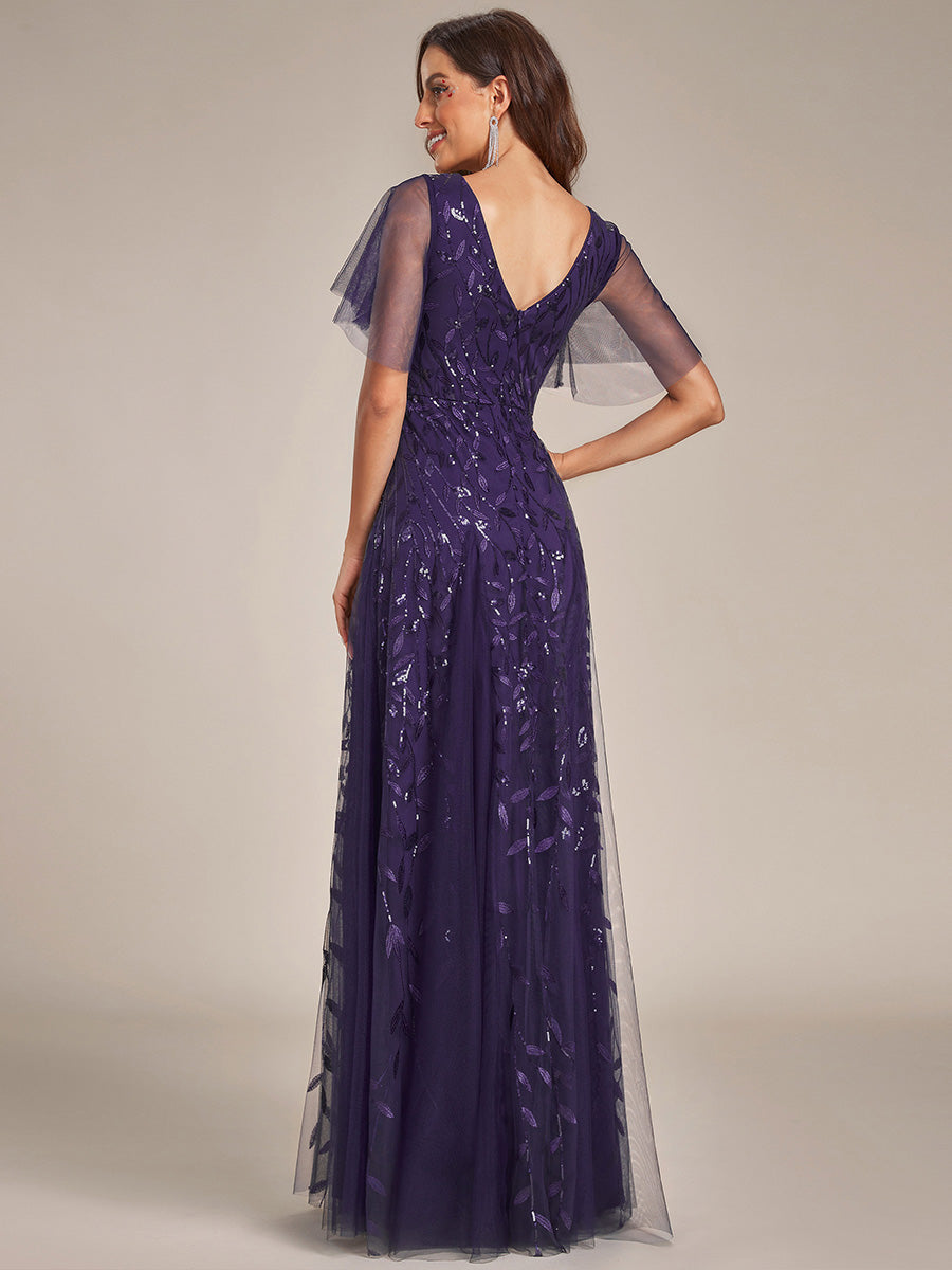 Bodenlanger V-Ausschnitt A-Linie Pailletten Kleid Mit Tiefem V-Ausschnitt Und Funkelnden Details #Farbe_Dunkelviolett