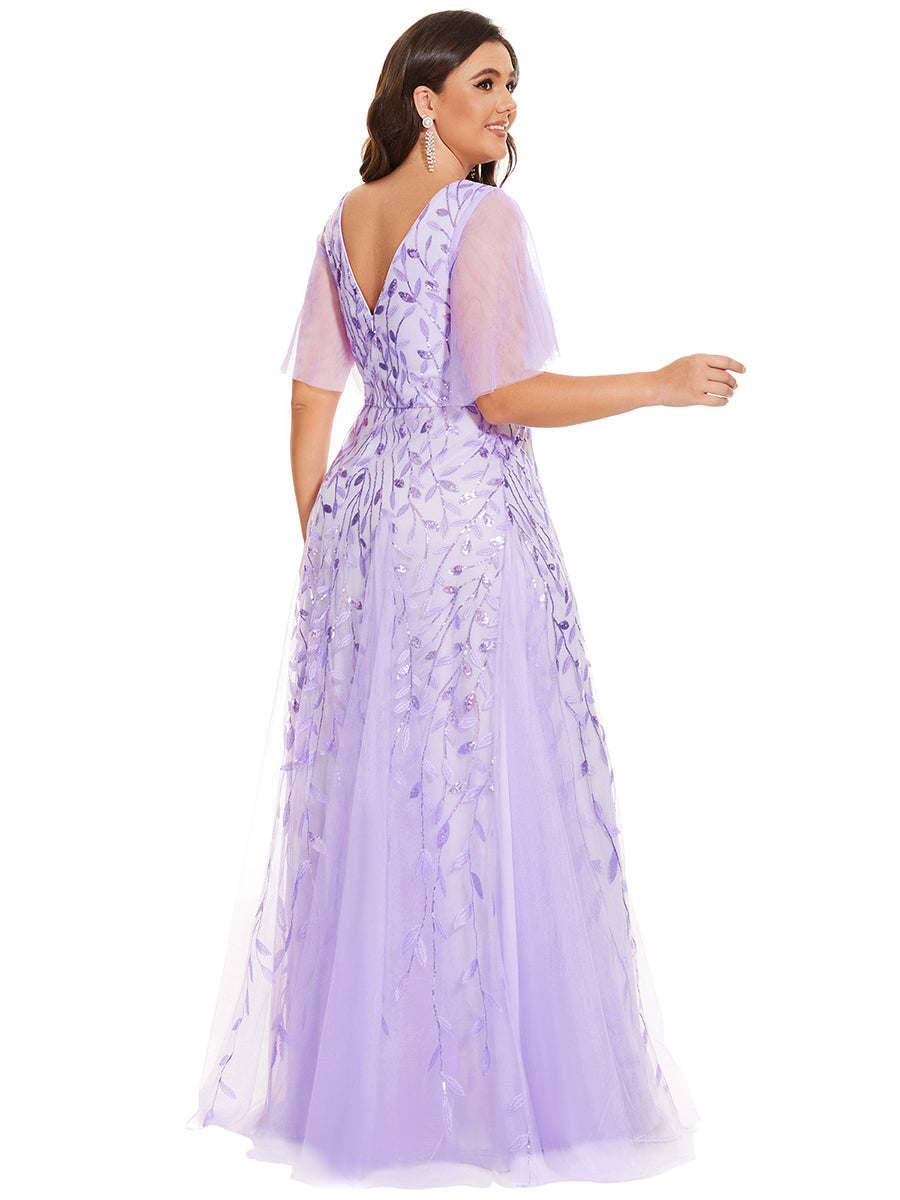 Bodenlanger V-Ausschnitt A-Linie Pailletten Kleid Mit Tiefem V-Ausschnitt Und Funkelnden Details #Farbe_Lavendel