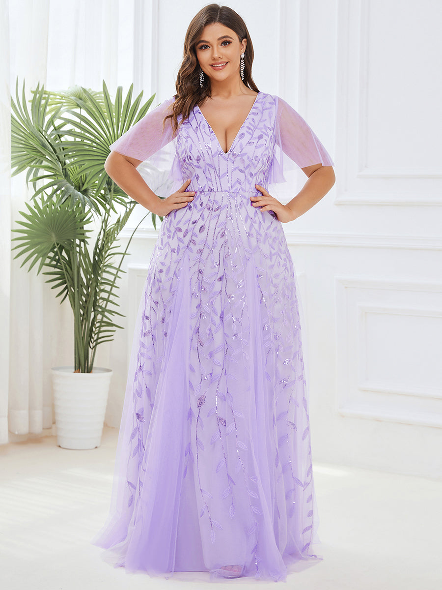 Bodenlanger V-Ausschnitt A-Linie Pailletten Kleid Mit Tiefem V-Ausschnitt Und Funkelnden Details #Farbe_Lavendel