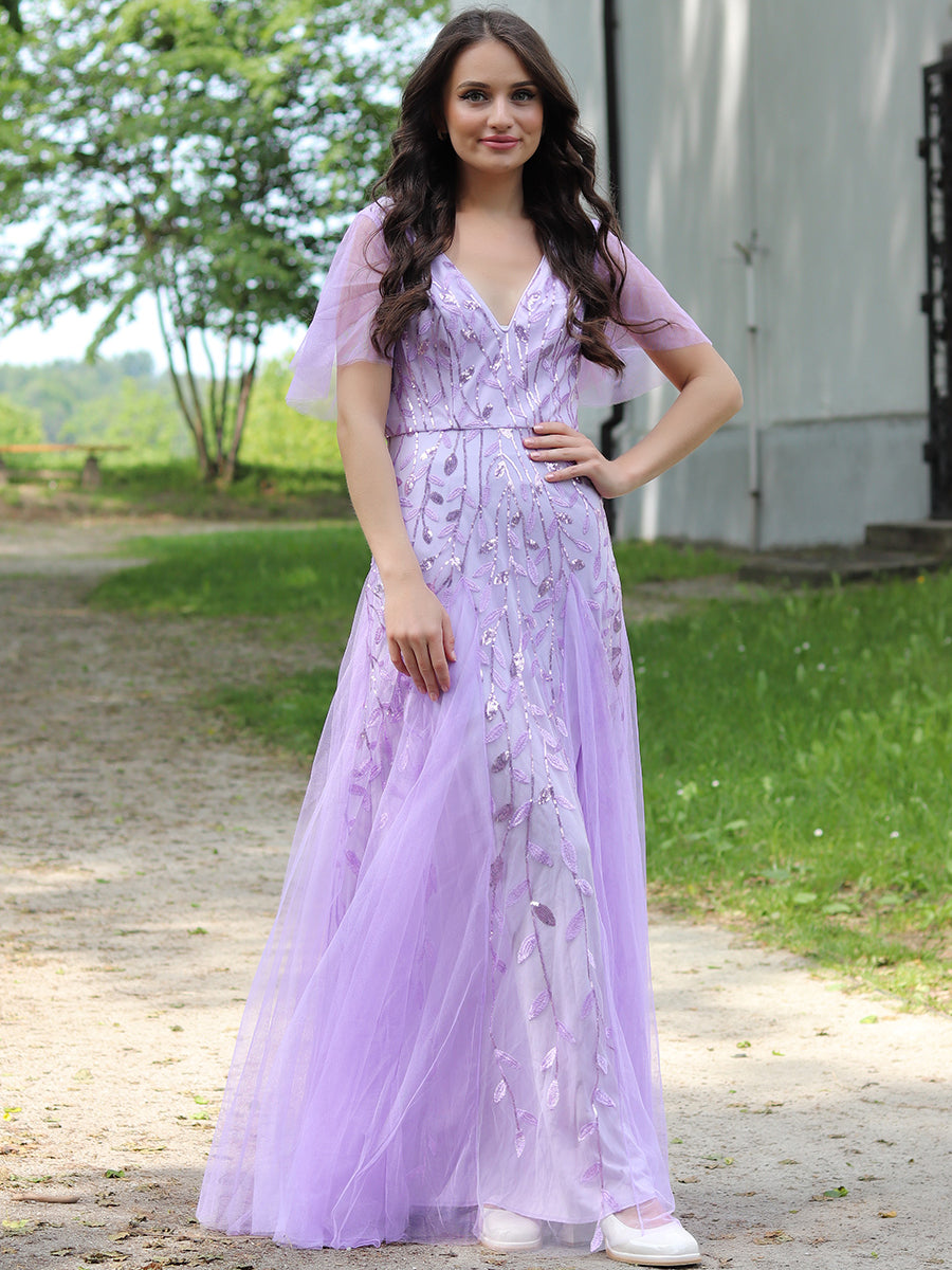 Bodenlanger V-Ausschnitt A-Linie Pailletten Kleid Mit Tiefem V-Ausschnitt Und Funkelnden Details #Farbe_Lavendel