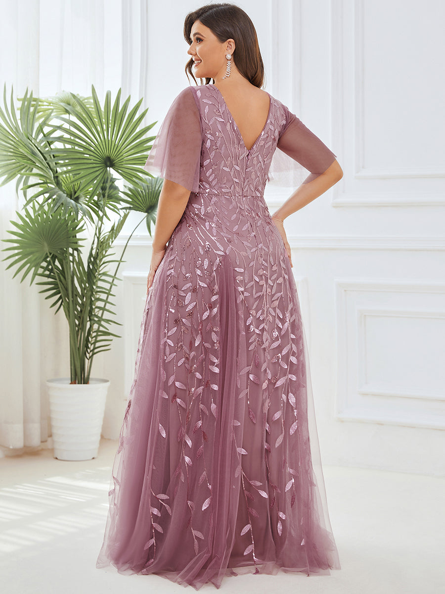 Bodenlanger V-Ausschnitt A-Linie Pailletten Kleid Mit Tiefem V-Ausschnitt Und Funkelnden Details #Farbe_Orchideenviolett