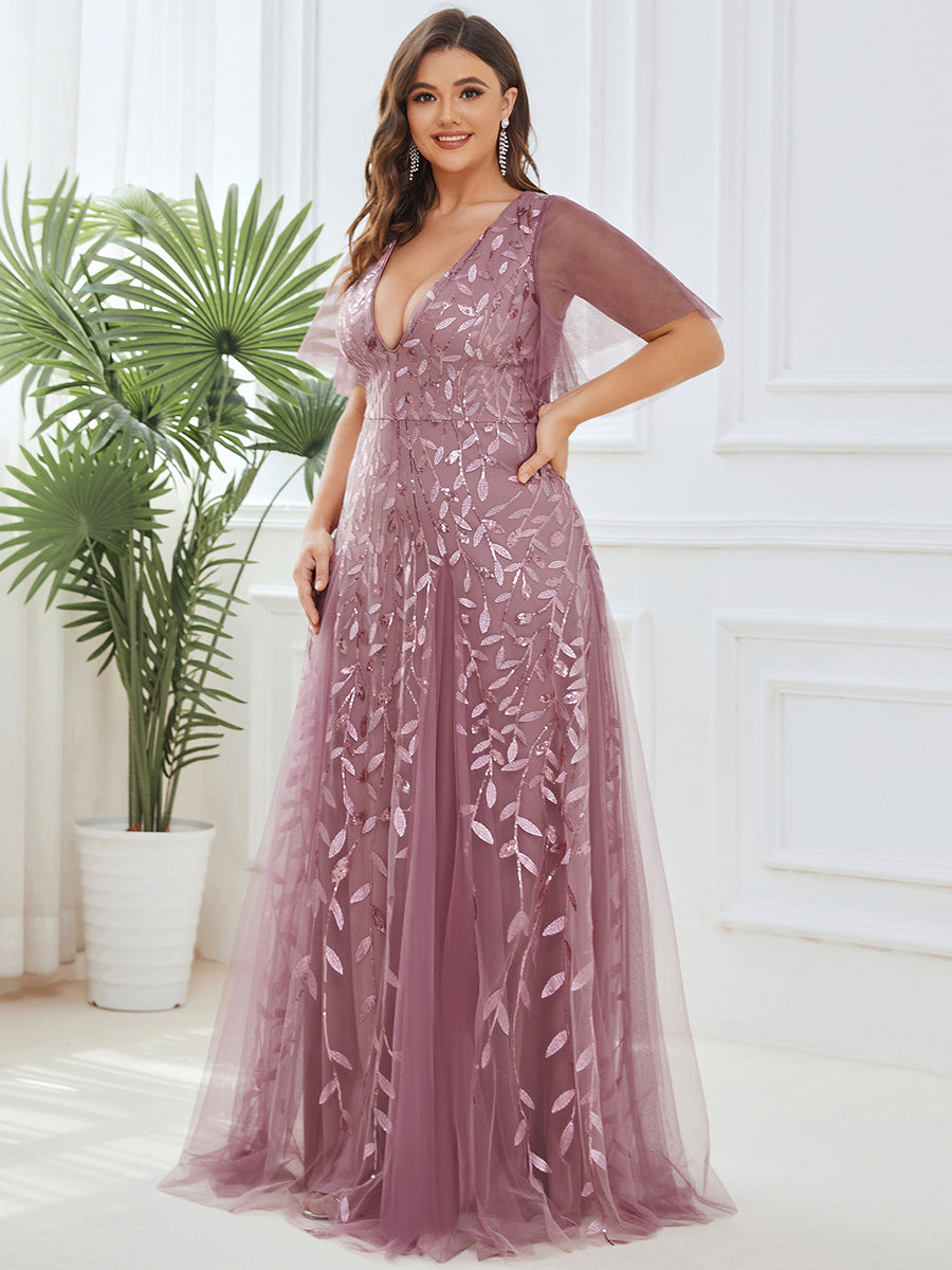 Bodenlanger V-Ausschnitt A-Linie Pailletten Kleid Mit Tiefem V-Ausschnitt Und Funkelnden Details #Farbe_Orchideenviolett