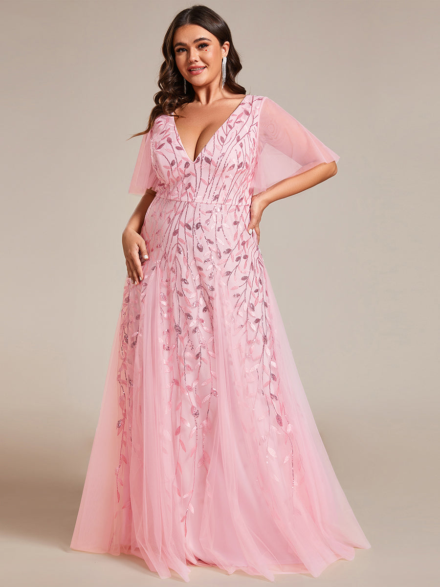 Bodenlanger V-Ausschnitt A-Linie Pailletten Kleid Mit Tiefem V-Ausschnitt Und Funkelnden Details #Farbe_Pink