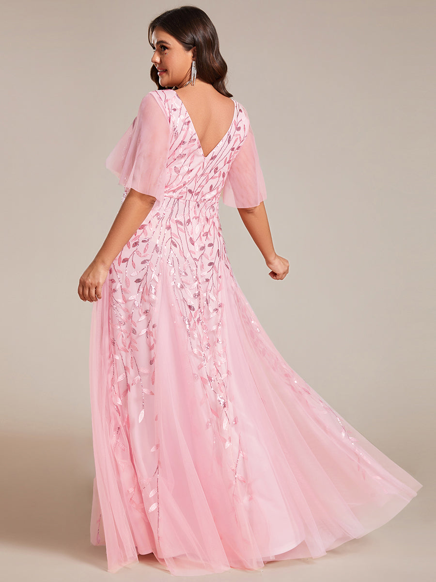 Bodenlanger V-Ausschnitt A-Linie Pailletten Kleid Mit Tiefem V-Ausschnitt Und Funkelnden Details #Farbe_Pink
