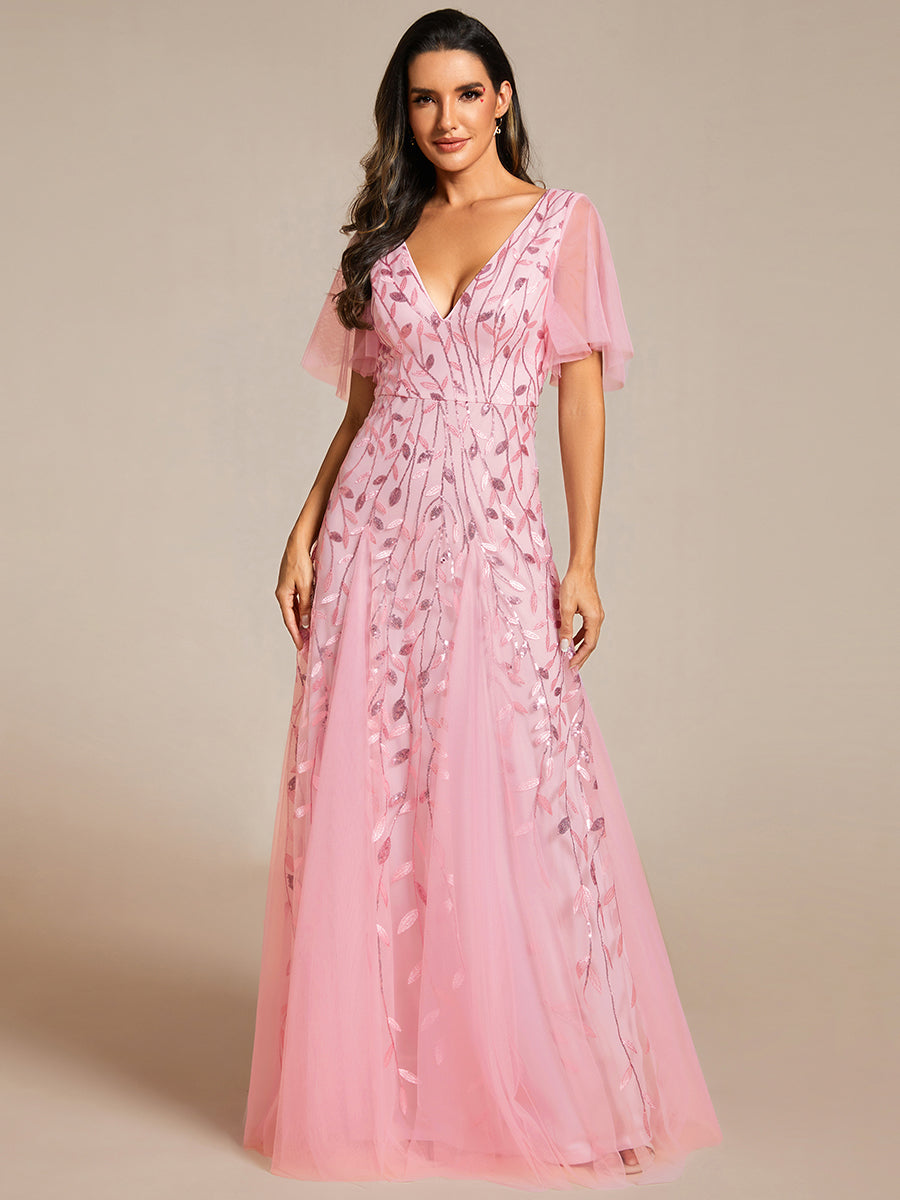 Bodenlanger V-Ausschnitt A-Linie Pailletten Kleid Mit Tiefem V-Ausschnitt Und Funkelnden Details #Farbe_Pink