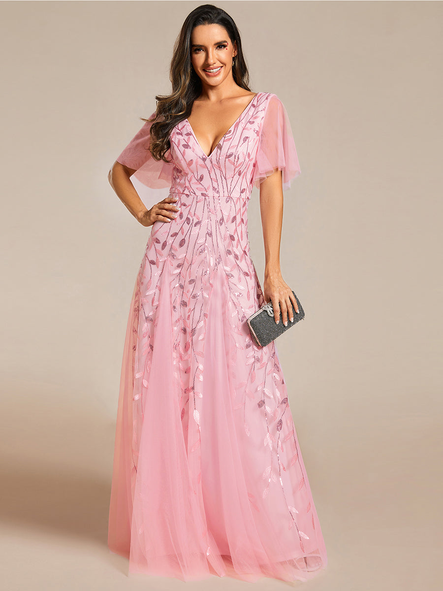 Bodenlanger V-Ausschnitt A-Linie Pailletten Kleid Mit Tiefem V-Ausschnitt Und Funkelnden Details #Farbe_Pink