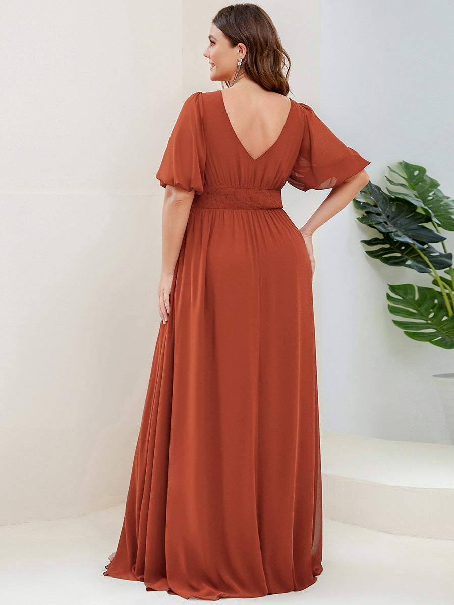 Bodenlanger V-Ausschnitt A-Linie Chiffon Kleid Mit Hohem Schlitz Und Falten Details Kleid #Farbe_Gebranntes Orange