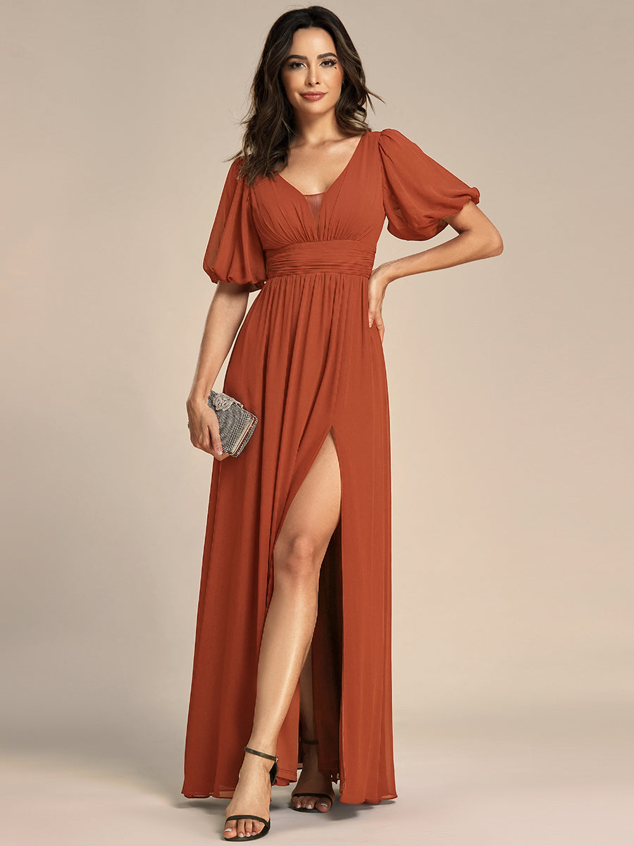 Bodenlanger V-Ausschnitt A-Linie Chiffon Kleid Mit Hohem Schlitz Und Falten Details Kleid #Farbe_Gebranntes Orange