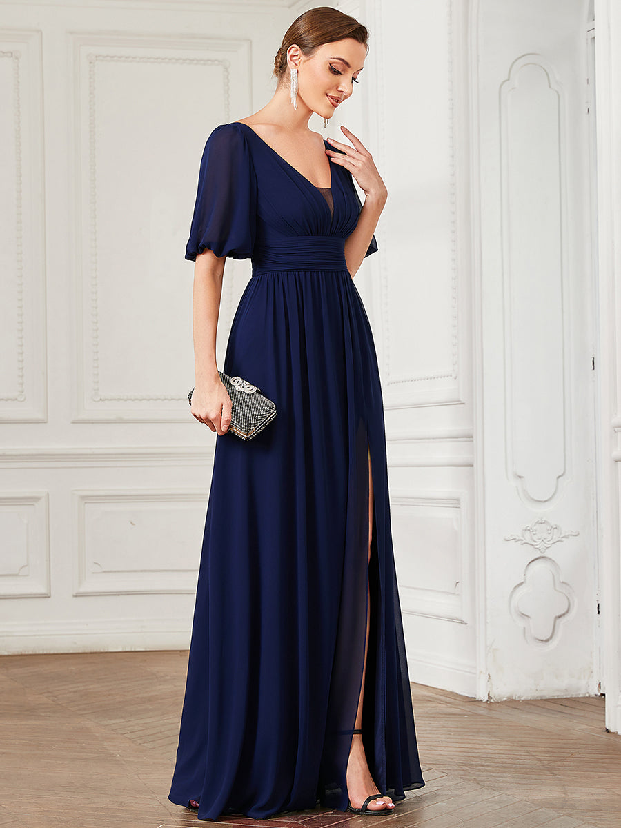 Bodenlanger V-Ausschnitt A-Linie Chiffon Kleid Mit Hohem Schlitz Und Falten Details Kleid #Farbe_Marineblau