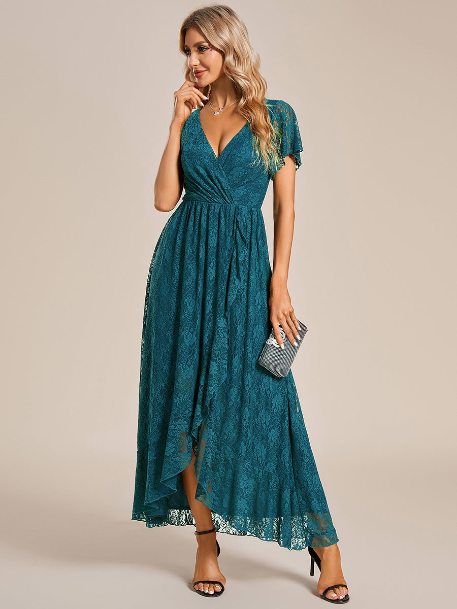 Größe Nach Maß Kurzärmliges Spitzen-Abendkleid in A-Linie mit Rüschen und V-Ausschnitt #farbe_Petrol