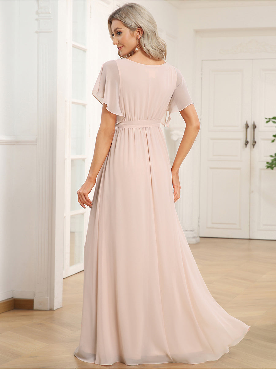 V-Ausschnitt kurze Ärmel Bodenlaenge A-Linie Chiffon Abendkleider #Farbe_Blush-Rosa