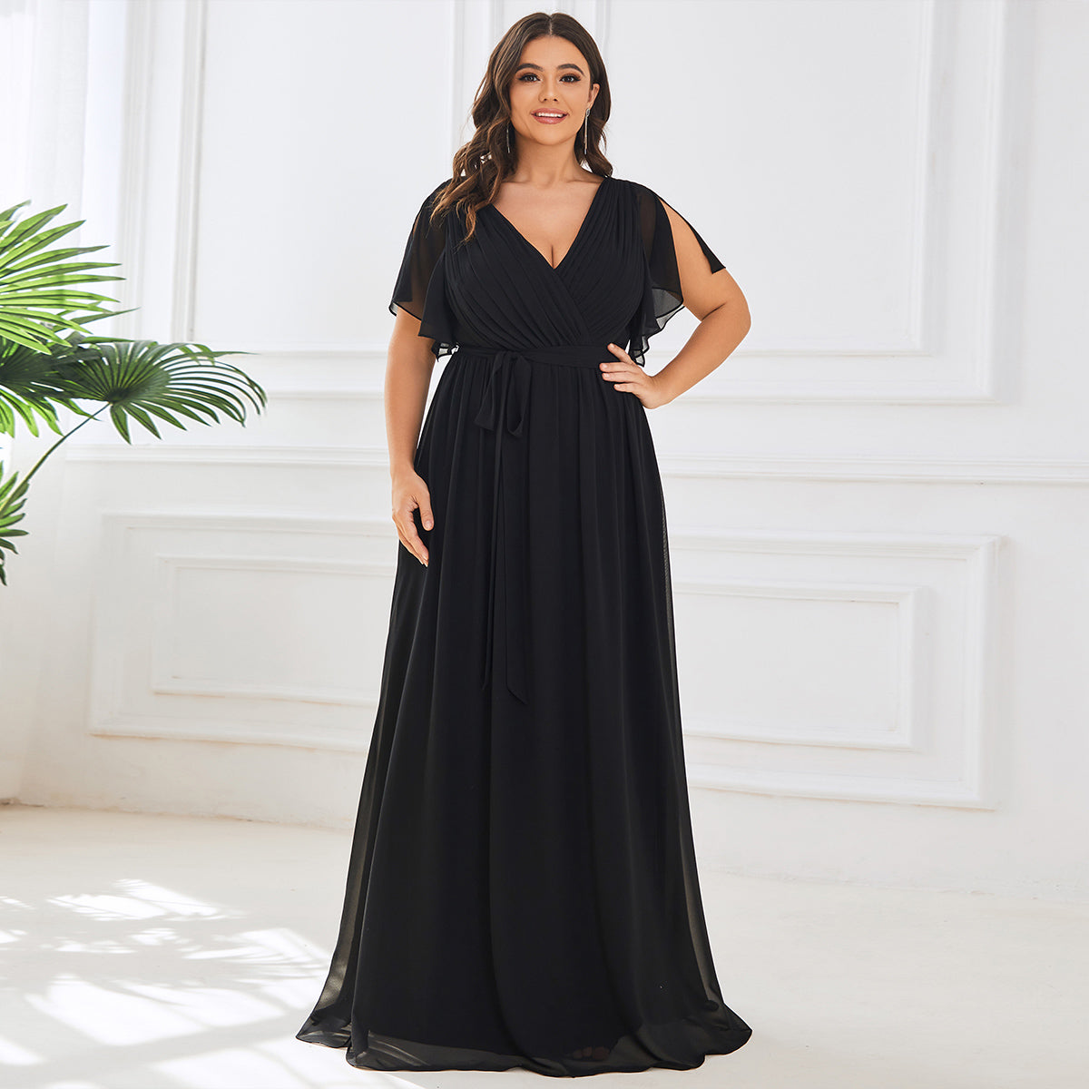 V-Ausschnitt kurze Ärmel Bodenlaenge A-Linie Chiffon Abendkleider #Farbe_Schwarz