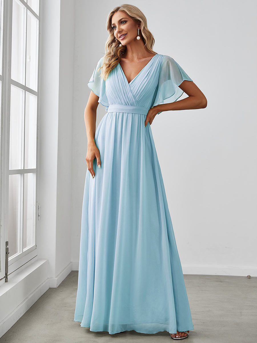 V-Ausschnitt kurze Ärmel Bodenlaenge A-Linie Chiffon Abendkleider #Farbe_Himmelblau