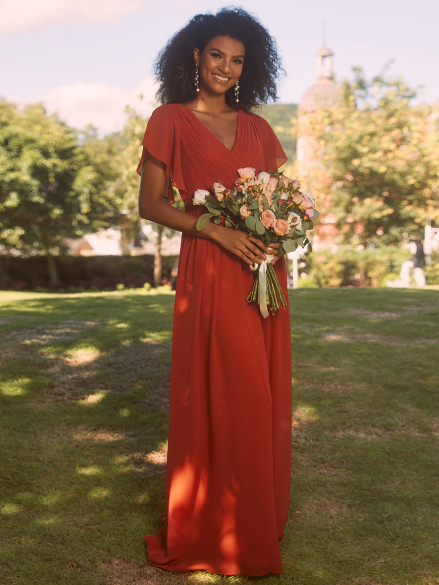 V-Ausschnitt kurze Ärmel Bodenlaenge A-Linie Chiffon Abendkleider #Farbe_Gebranntes Orange