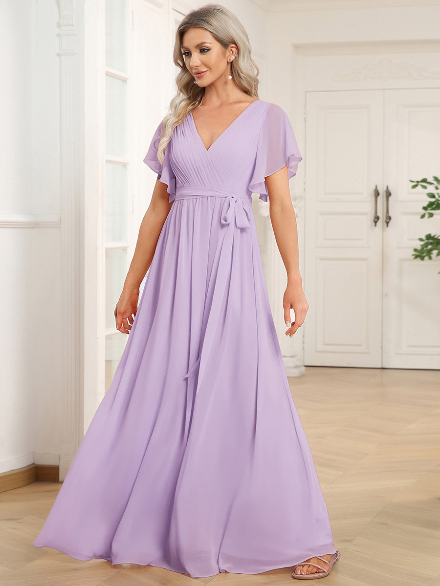 V-Ausschnitt kurze Ärmel Bodenlaenge A-Linie Chiffon Abendkleider #Farbe_Mattflieder