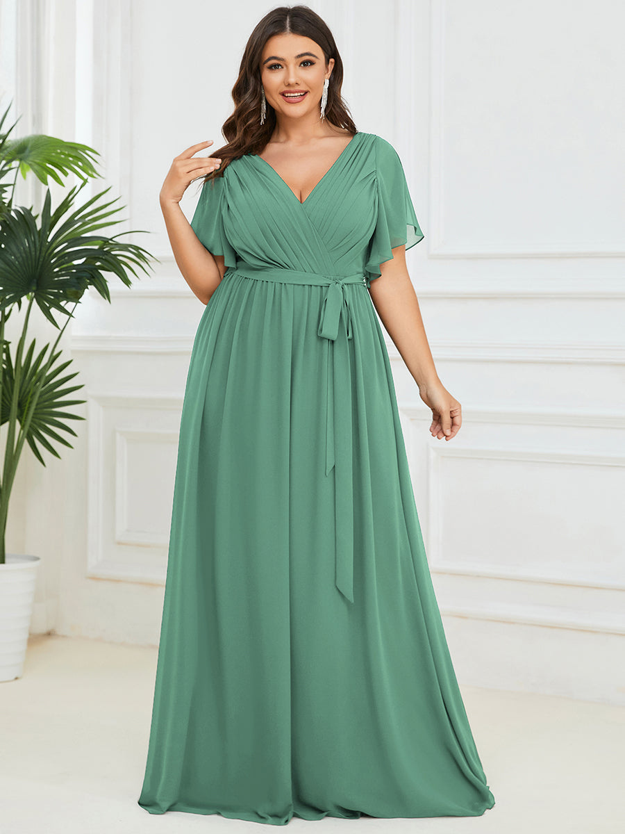 V-Ausschnitt kurze Ärmel Bodenlaenge A-Linie Chiffon Abendkleider #Farbe_Khakigrün