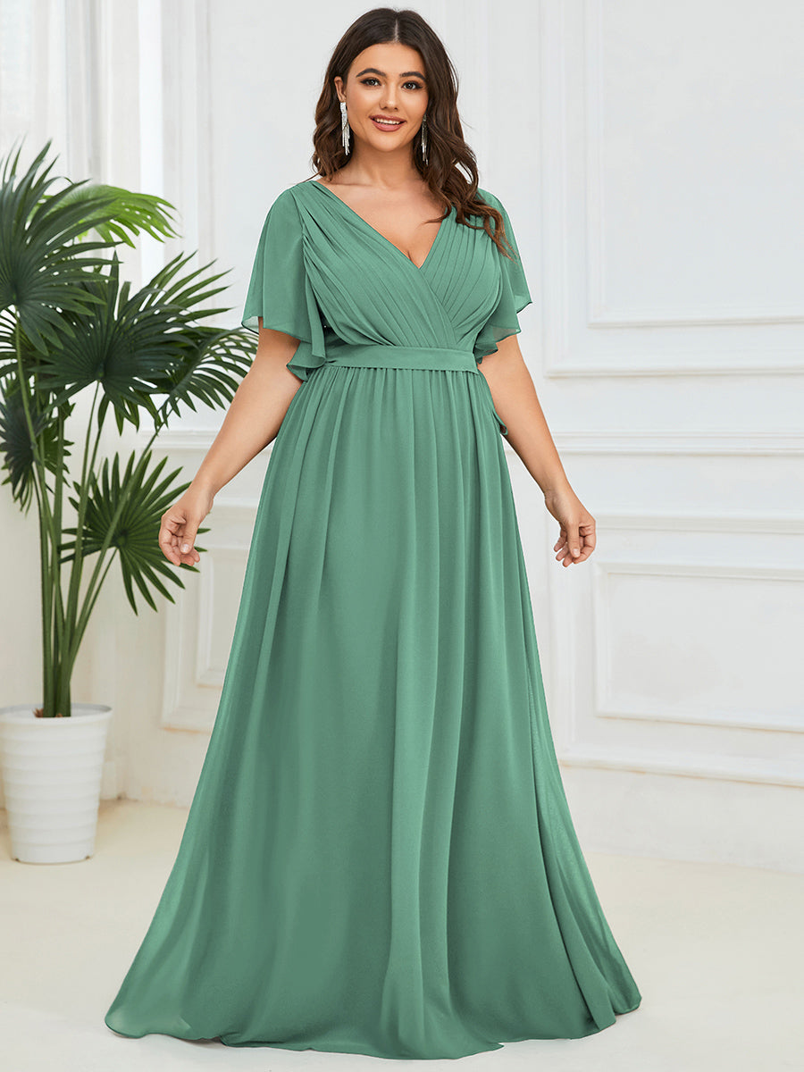V-Ausschnitt kurze Ärmel Bodenlaenge A-Linie Chiffon Abendkleider #Farbe_Khakigrün