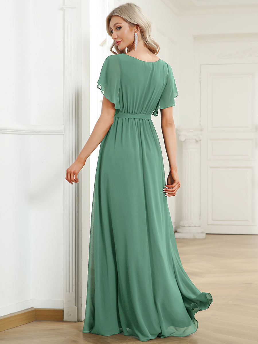 V-Ausschnitt kurze Ärmel Bodenlaenge A-Linie Chiffon Abendkleider #Farbe_Khakigrün