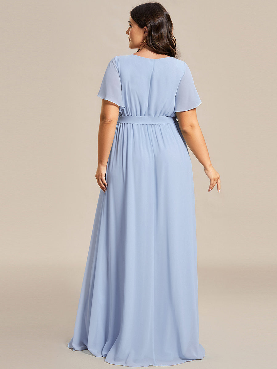 V-Ausschnitt kurze Ärmel Bodenlaenge A-Linie Chiffon Abendkleider #Farbe_Eisblau