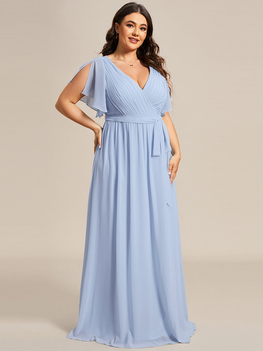 V-Ausschnitt kurze Ärmel Bodenlaenge A-Linie Chiffon Abendkleider #Farbe_Eisblau