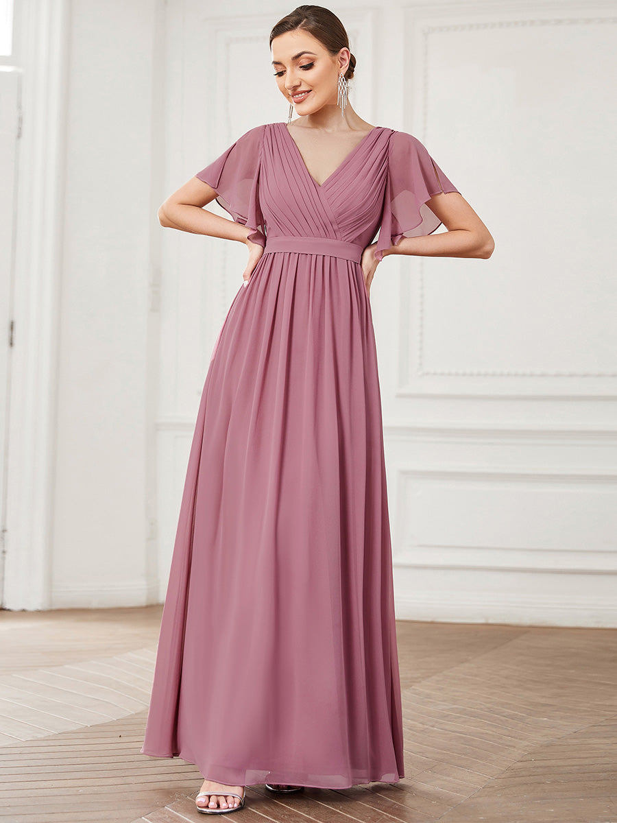 V-Ausschnitt kurze Ärmel Bodenlaenge A-Linie Chiffon Abendkleider #Farbe_Orchideenviolett