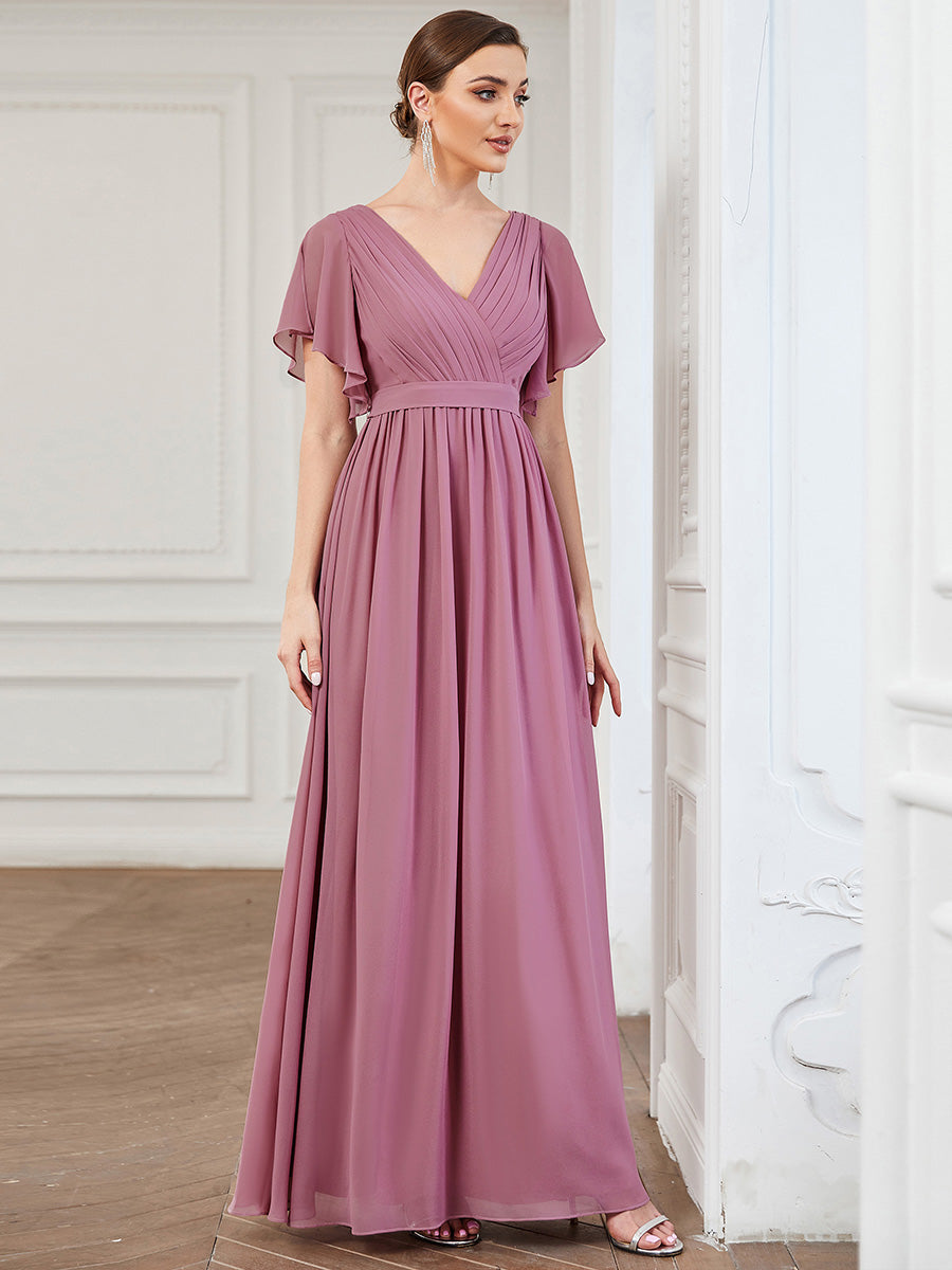 V-Ausschnitt kurze Ärmel Bodenlaenge A-Linie Chiffon Abendkleider #Farbe_Orchideenviolett