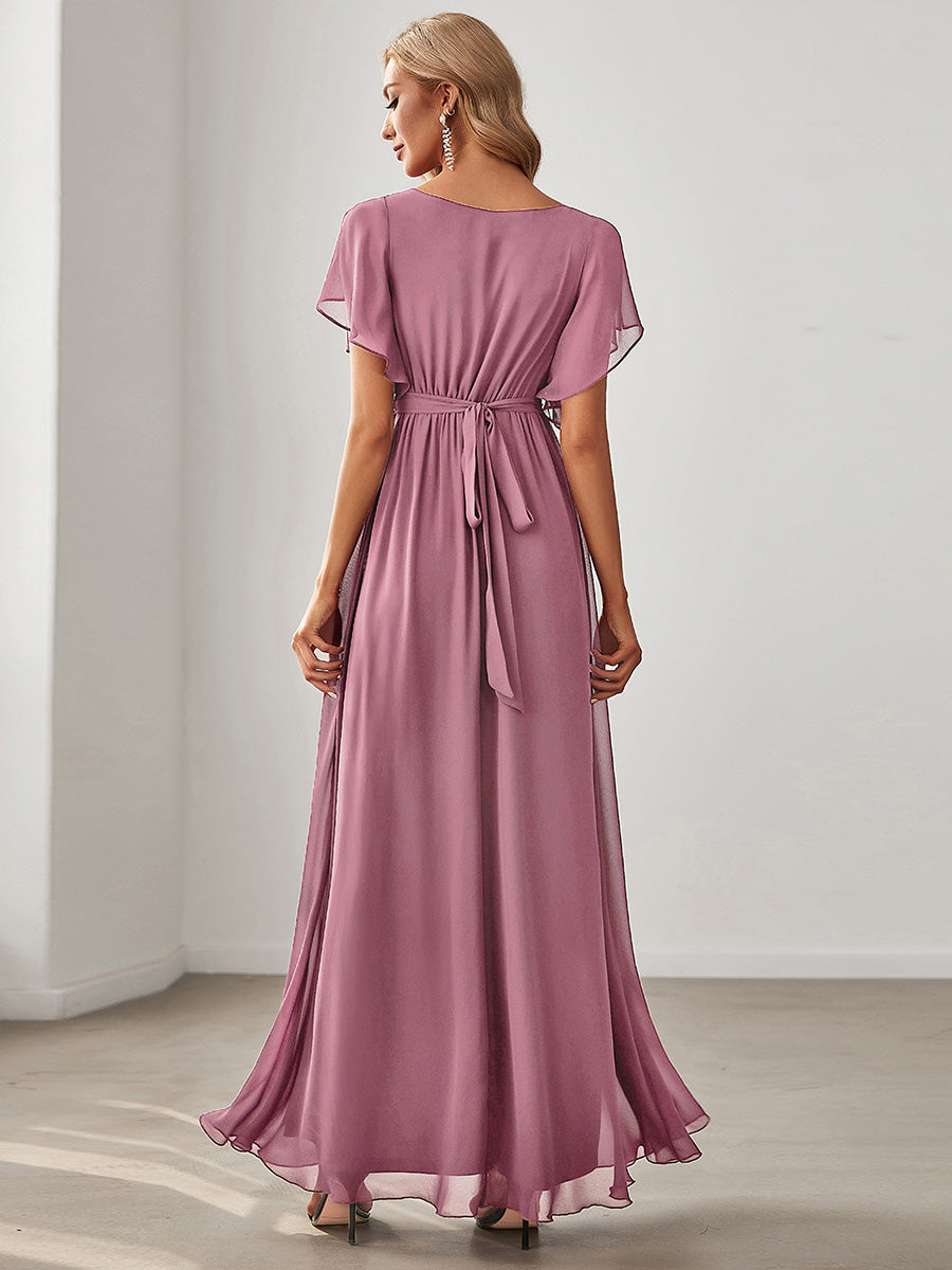 V-Ausschnitt kurze Ärmel Bodenlaenge A-Linie Chiffon Abendkleider #Farbe_Orchideenviolett