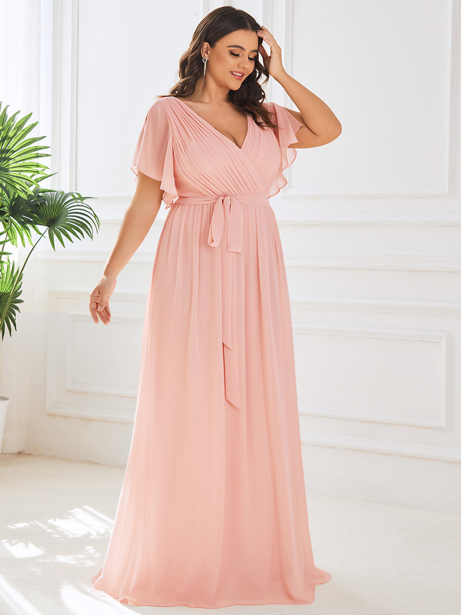 V-Ausschnitt kurze Ärmel Bodenlaenge A-Linie Chiffon Abendkleider #Farbe_Pink