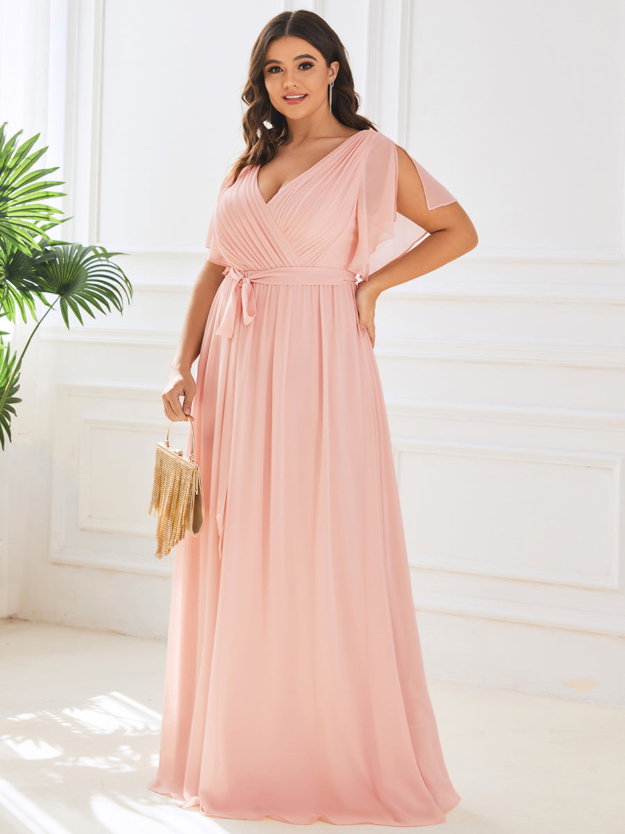 V-Ausschnitt kurze Ärmel Bodenlaenge A-Linie Chiffon Abendkleider #Farbe_Pink