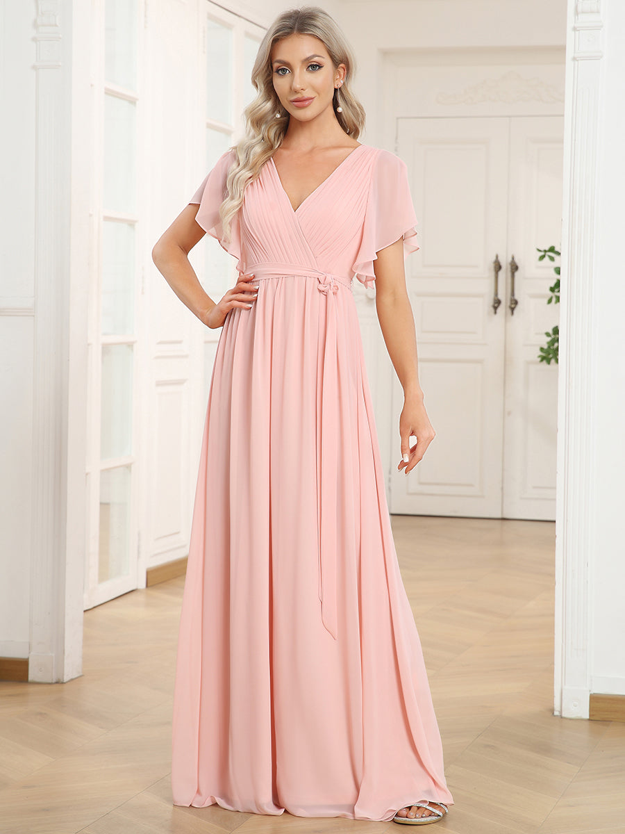 V-Ausschnitt kurze Ärmel Bodenlaenge A-Linie Chiffon Abendkleider #Farbe_Pink