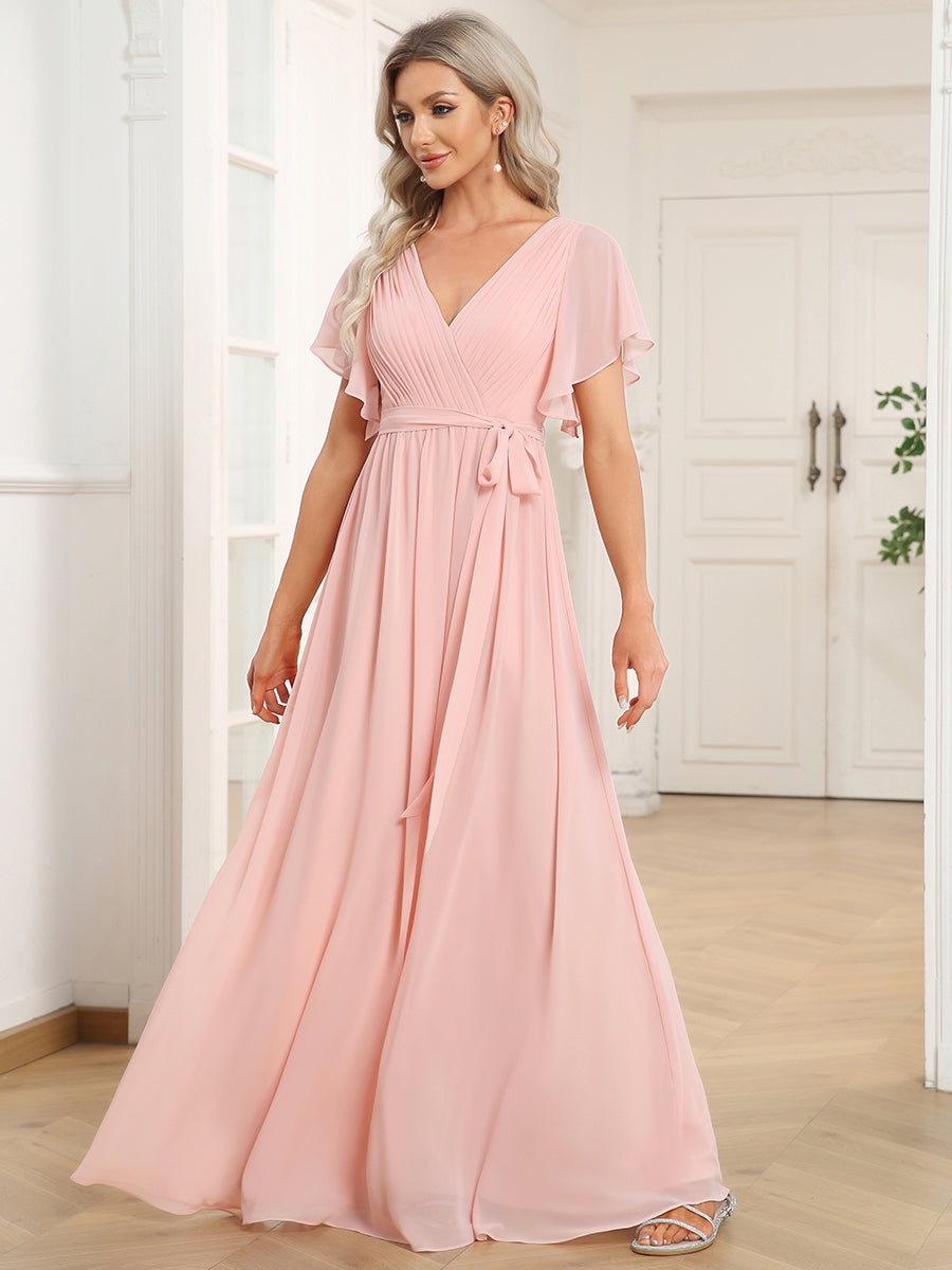 V-Ausschnitt kurze Ärmel Bodenlaenge A-Linie Chiffon Abendkleider #Farbe_Pink