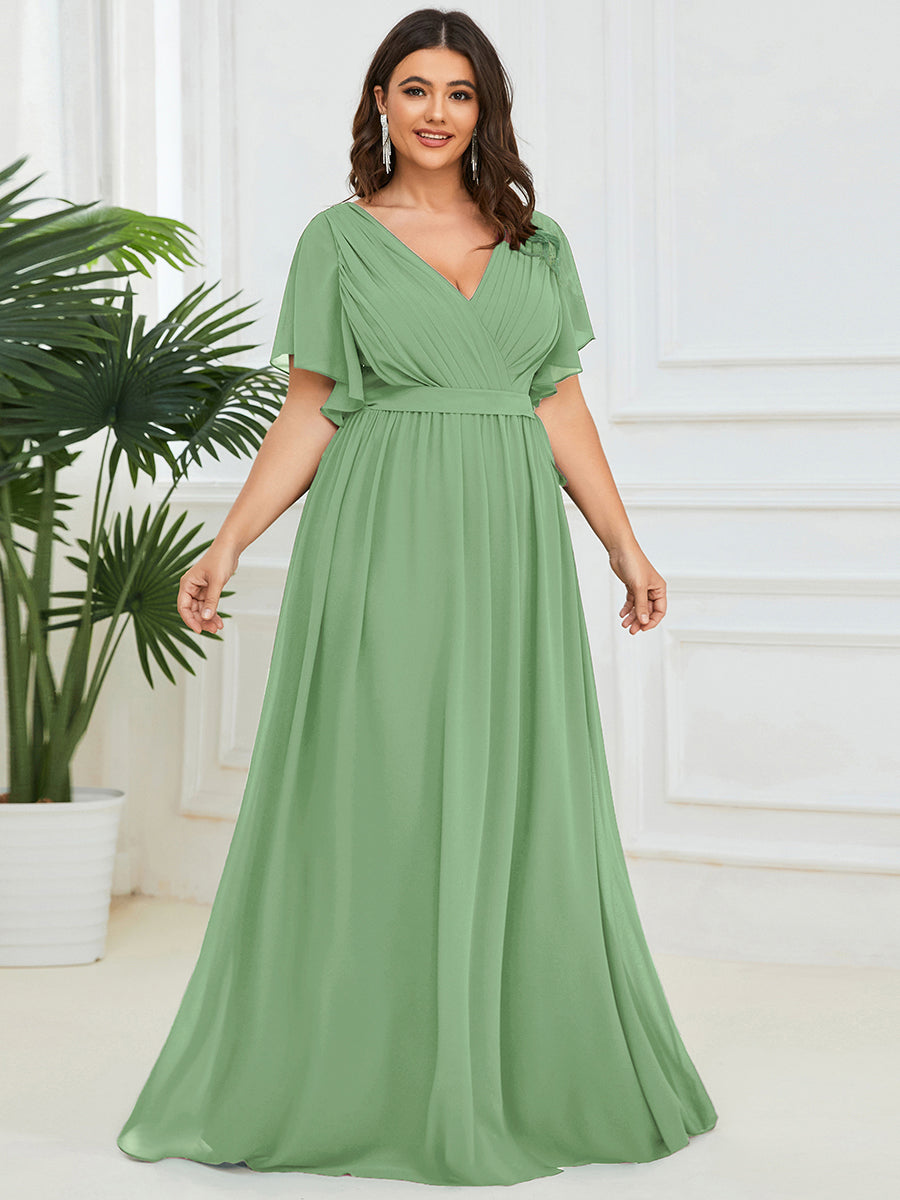 V-Ausschnitt kurze Ärmel Bodenlaenge A-Linie Chiffon Abendkleider #Farbe_Salbeigrün