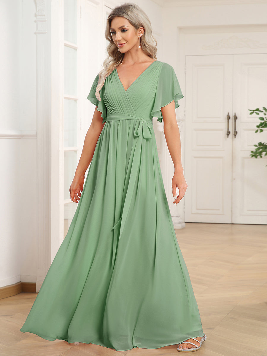 V-Ausschnitt kurze Ärmel Bodenlaenge A-Linie Chiffon Abendkleider #Farbe_Salbeigrün