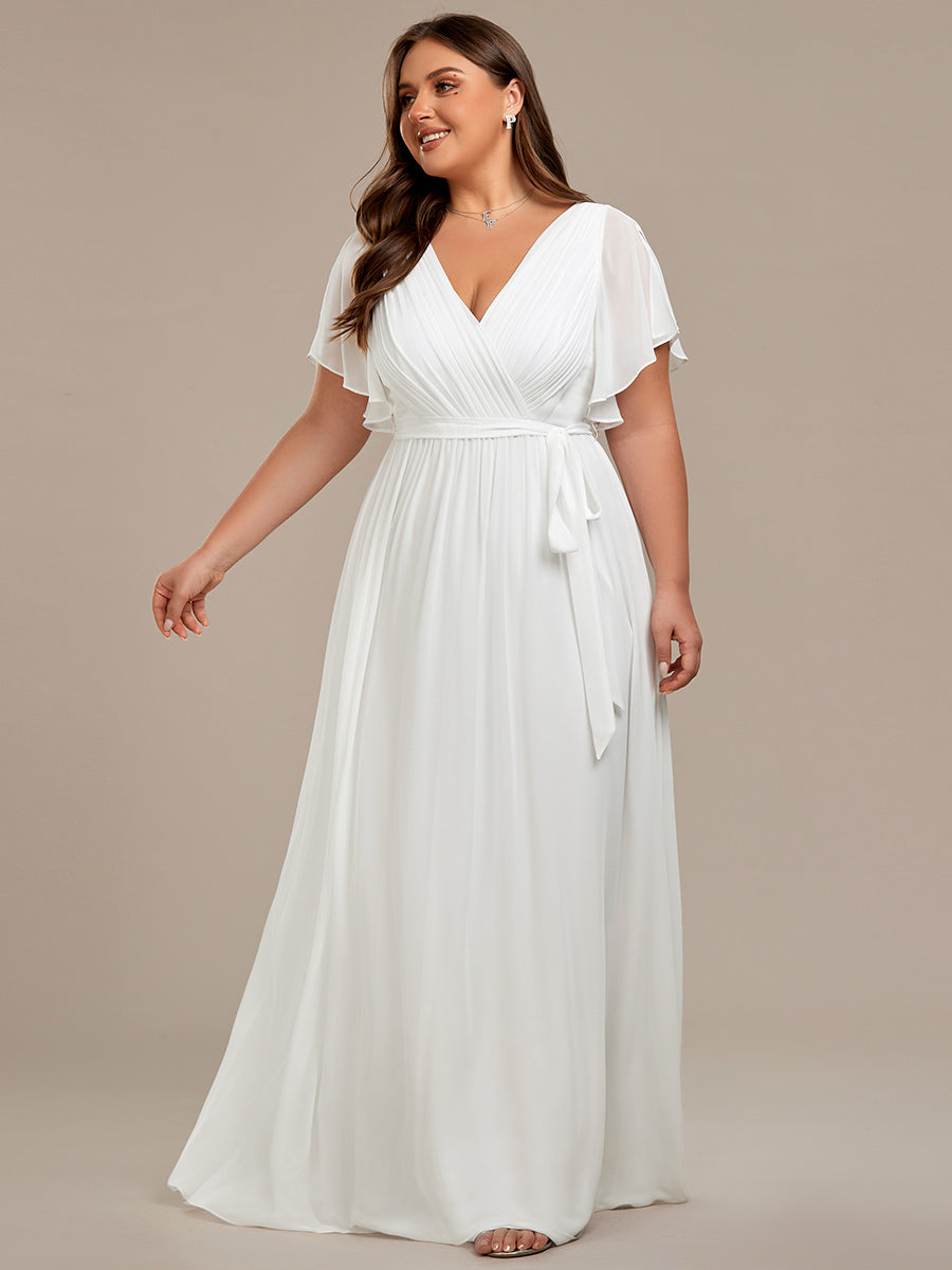 V-Ausschnitt kurze Ärmel Bodenlaenge A-Linie Chiffon Abendkleider #Farbe_Weiß
