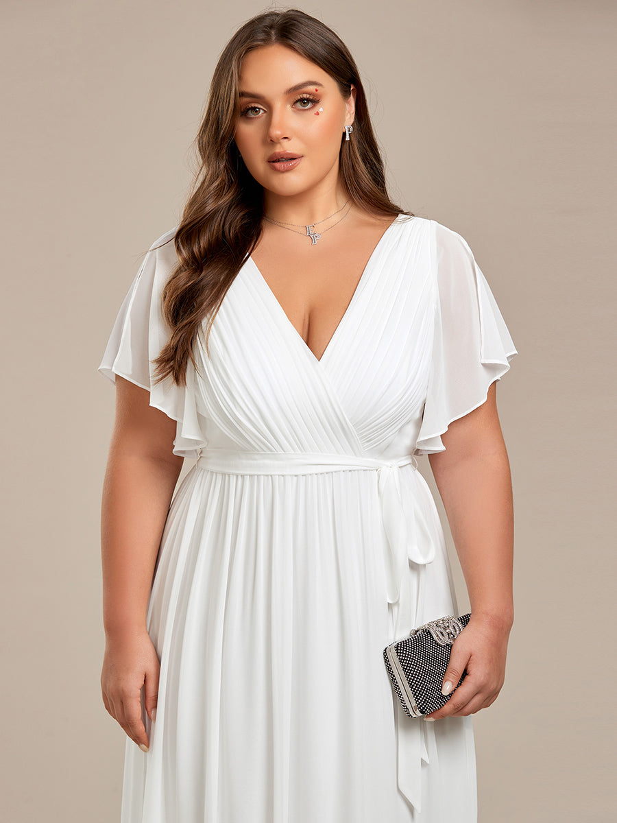 V-Ausschnitt kurze Ärmel Bodenlaenge A-Linie Chiffon Abendkleider #Farbe_Weiß