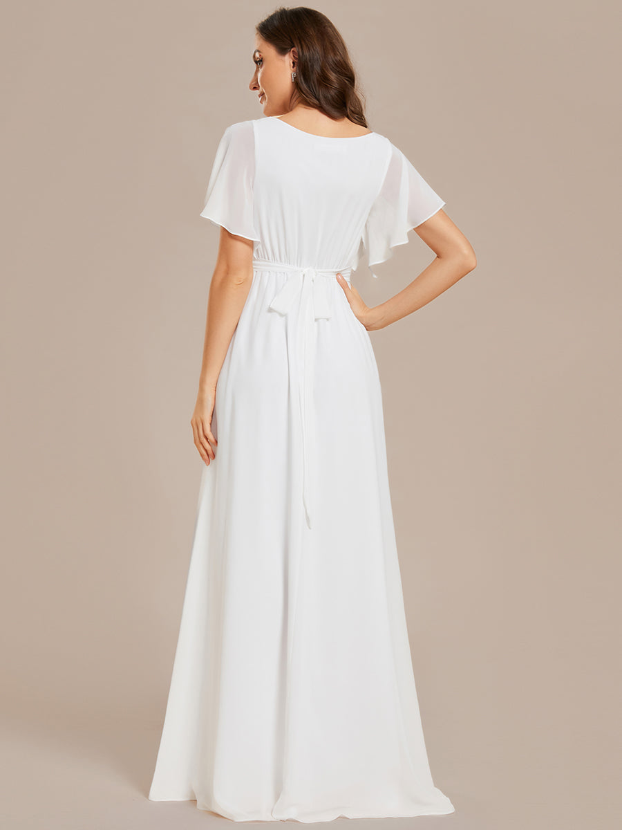 V-Ausschnitt kurze Ärmel Bodenlaenge A-Linie Chiffon Abendkleider #Farbe_Weiß