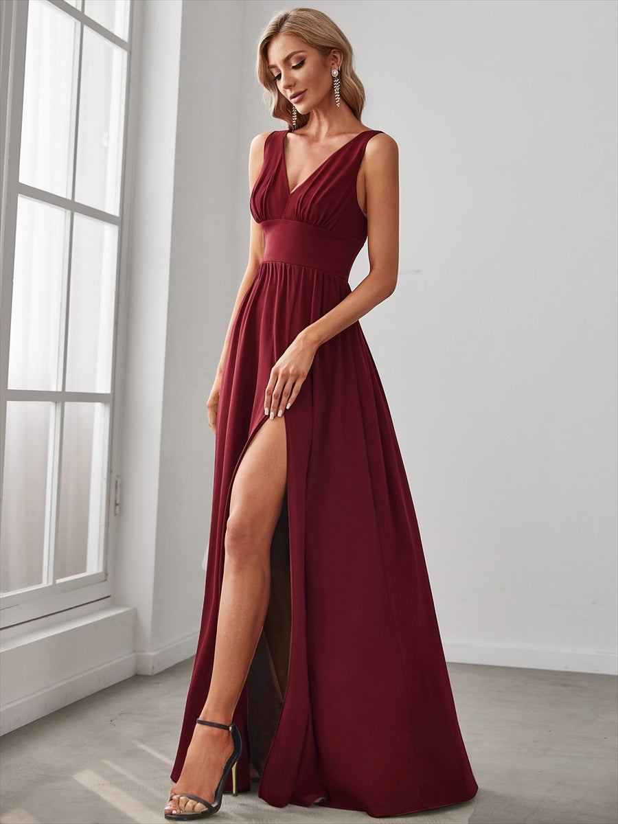 Doppelter V-Ausschnitt A-Linie Lang Ballkleid mit Schlitz Ballkleider #farbe_Burgunderrot
