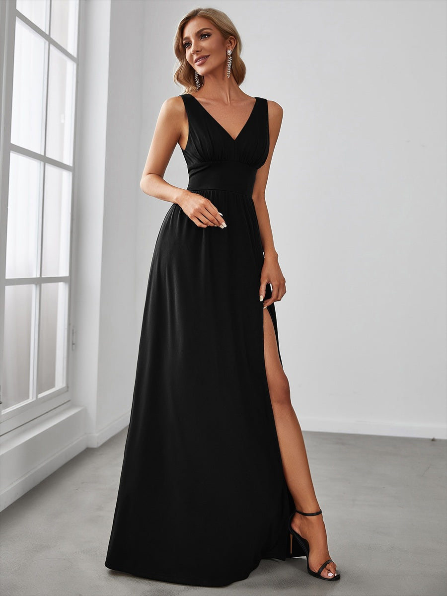 Doppelter V-Ausschnitt A-Linie Lang Ballkleid mit Schlitz Ballkleider #farbe_Schwarz