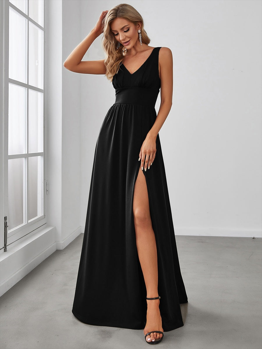 Doppelter V-Ausschnitt A-Linie Lang Ballkleid mit Schlitz Ballkleider #farbe_Schwarz
