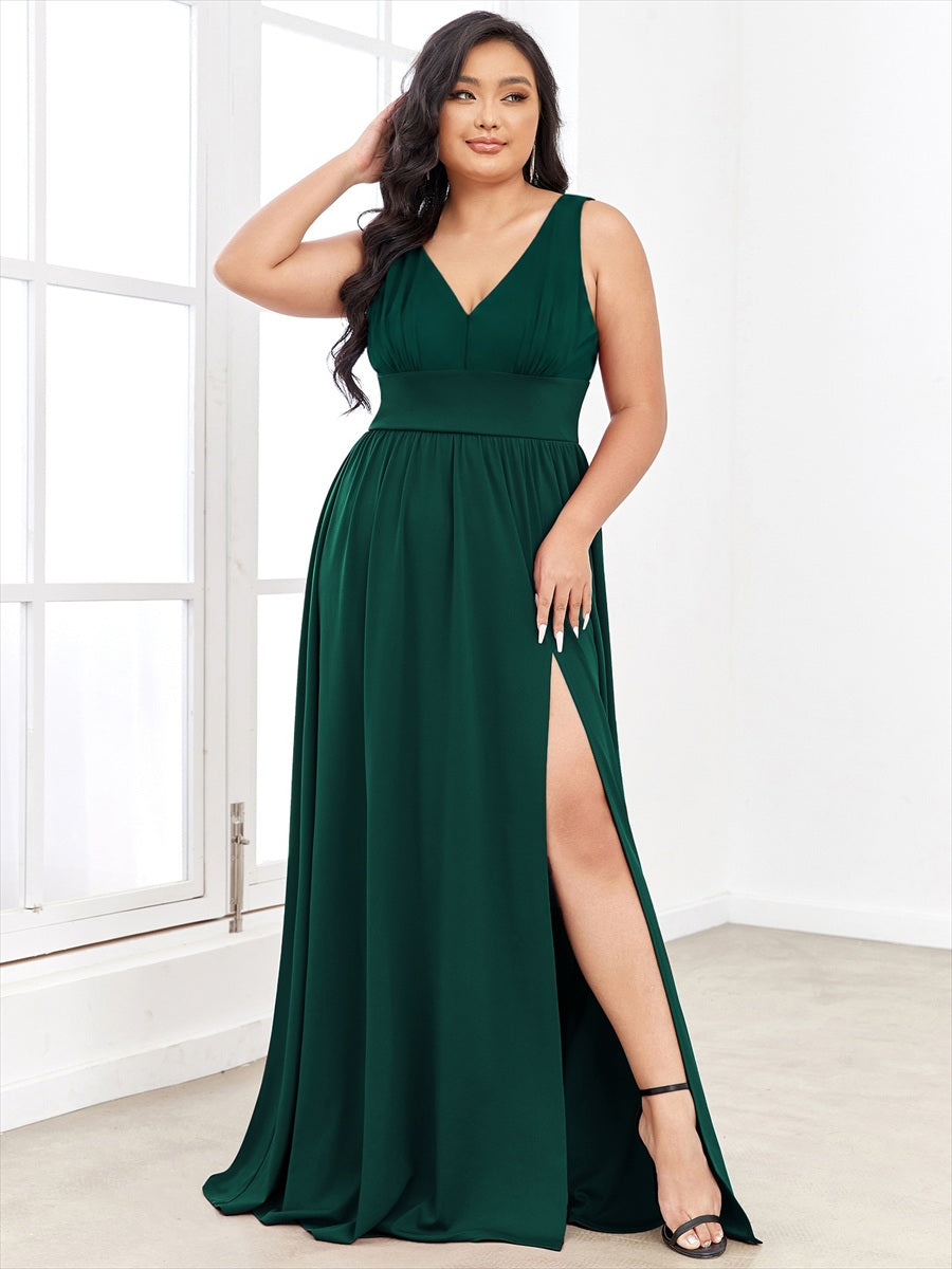 Doppelter V-Ausschnitt A-Linie Lang Ballkleid mit Schlitz Ballkleider #farbe_Dunkelgrün
