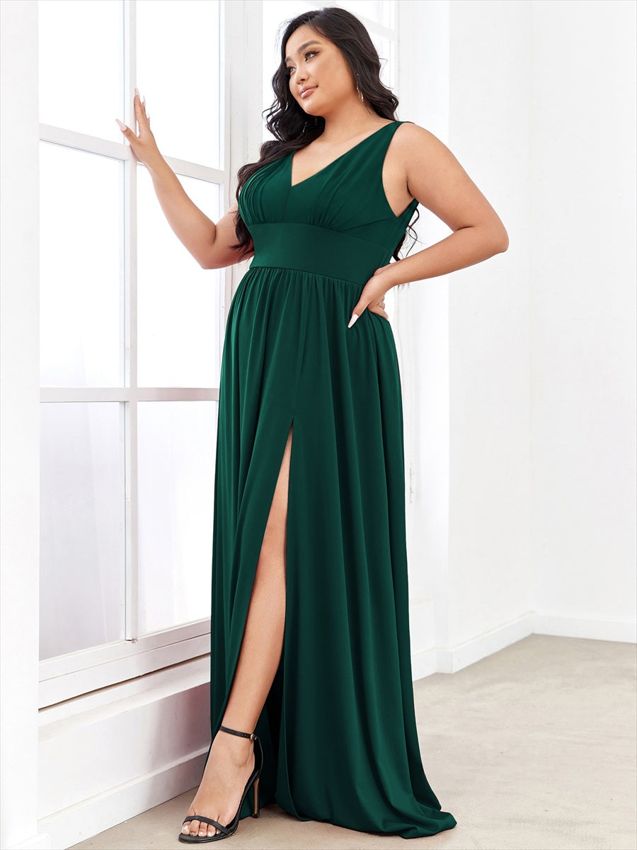 Doppelter V-Ausschnitt A-Linie Lang Ballkleid mit Schlitz Ballkleider #farbe_Dunkelgrün